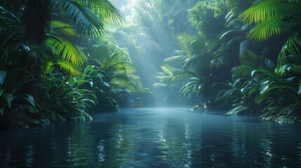 lake in tropical forest beautiful landscape - obrazy, fototapety, plakaty