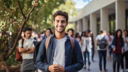 Smiling young male college student with a backpack standing on a university campus