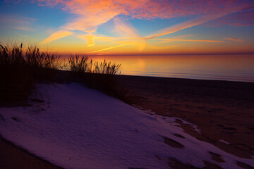 Beautiful sunny landscape of grass growing on the dunes near Baltic Sea. Early spring sunset scenery of Northern Europe