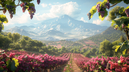 Grapes fruits in sunlight and wine grape farm, vineyard mountain background. - obrazy, fototapety, plakaty