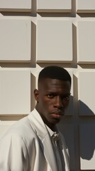 Fototapeta premium Black man in white suit standing in front of white concrete wall