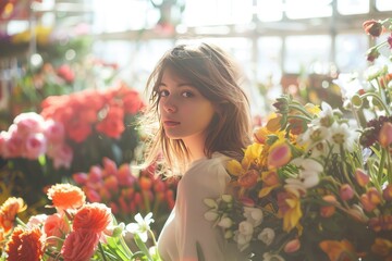 cute young woman florist among bright flowers in a flower shop