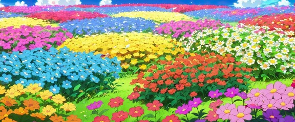 Fototapeta na wymiar Colorful flowers field scenery, summer meadow, a landscape of tranquility.