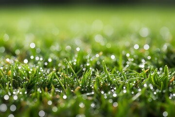 Close-up of green grass with water drops - obrazy, fototapety, plakaty