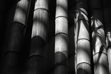 Abstract representation of bamboo black and white colors, focusing on the play of light and shadow.