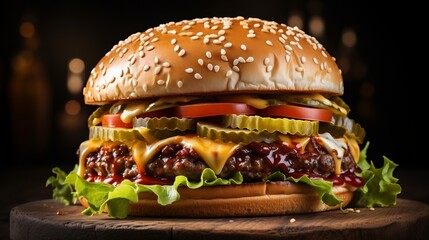 A mouthwatering cheeseburger with pickles, tomatoes, and lettuce - obrazy, fototapety, plakaty