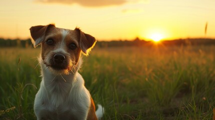 A cute dog looking at the camera with the sunset in the background - obrazy, fototapety, plakaty