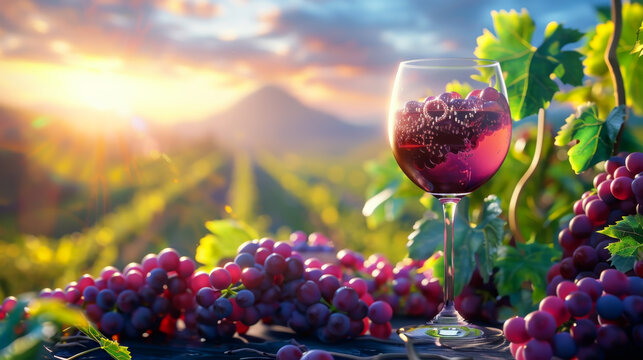 Glass of wine with grapes fruits in sunlight and wine grape farm, vineyard mountain background.