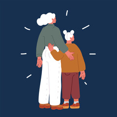 Obraz premium Cartoon vector illustration of rear view of young mother and daughter over dark background