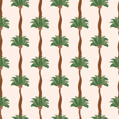 Tropical palm tree seamless pattern hand drawn as vertical stripes. Vector summer tropical wallpaper, repeat background, jungle textile design, fabric, cute organic plant print, botanical card.
