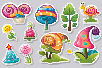 Set of stickers with cute cartoon snail and flowers. Vector illustration.