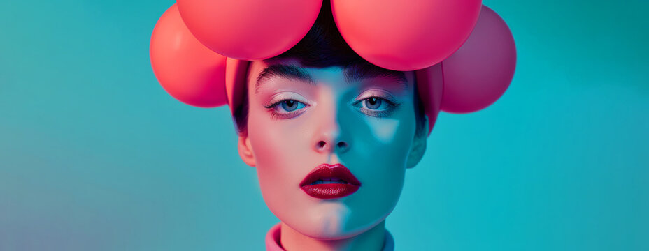 A woman with a pink hat whit balloons on her head. She has red lipstick and is wearing a pink shirt. Fine Art Photography, Pop Art Style, surrealism, perfect composition
