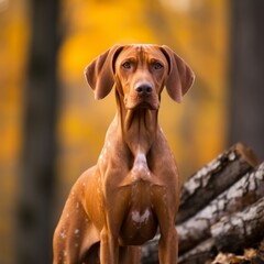 Vizsla dog standing in front of a tree