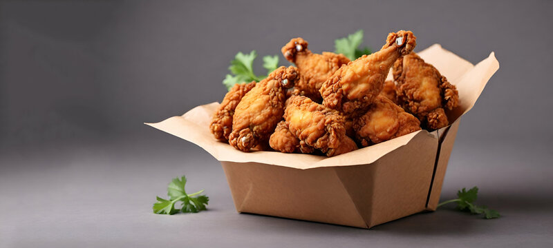 a box of fried chicken sitting on a tableA box of chicken nuggets, Fried chicken pieces in box, A box of chicken nuggets sits on a table, Hot and Crispy Chicken white background. generative by ai..