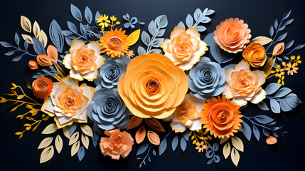 A colorful bouquet of paper flowers is displayed on a black background. The paper flowers are arranged in a way that creates a sense of depth and dimension, with some flowers appearing to be in the fo