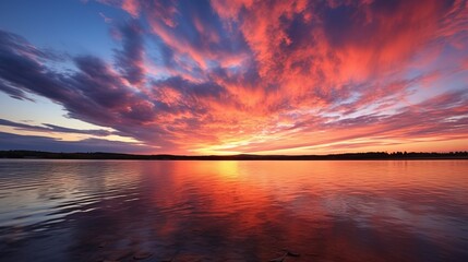 A vivid sunset over a calm lake - obrazy, fototapety, plakaty