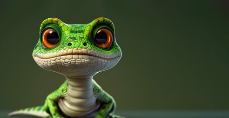 A green frog with big eyes is sitting on a table. The frog is smiling and looking at the camera. a...