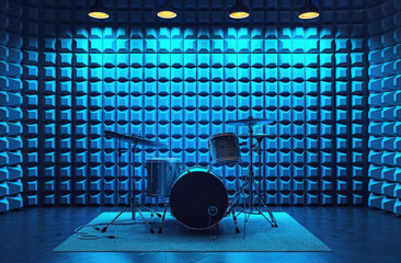 sound proof pannel wall, blue light in one side, incredible amazing neon 3d vector drum home office studio background - obrazy, fototapety, plakaty