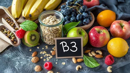 Fotobehang A bowl of fruit and nuts with a blackboard that says B3. The image conveys a healthy and nutritious lifestyle. arious fruits arranged with cereals and grains with a card with the writing "B3" © Nataliia_Trushchenko