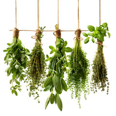 Fresh herbs hanging to dry isolated on white background, studio photography, png
