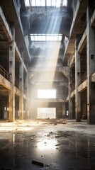 An abandoned factory building with broken windows and sunlight shining through the roof