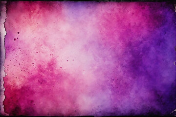 Pink watercolor paint background design with colorful purple pink borders and bright center, watercolor bleed and fringe with vibrant distressed grunge texture