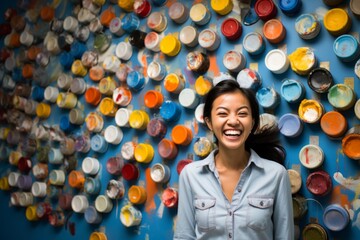Asian woman standing in front of a colorful wall of paint cans