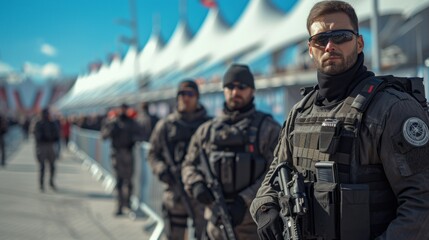 Fototapeta premium Turkish police officers in riot gear stand guard during a protest.