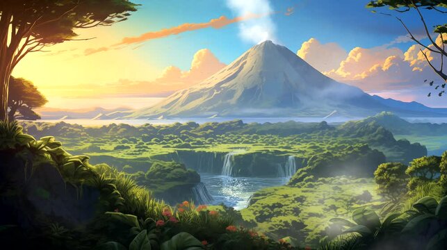 A serene valley nestled in the shadow of an ancient volcano. Fantasy landscape anime or cartoon style, looping 4k video animation background