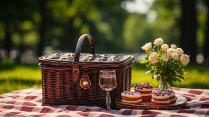 picnic in the park with a basket of food and a vase of flowers