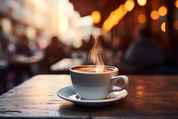 Cappuccino in a white cup on a wooden table with a blurred background of a busy cafe - obrazy, fototapety, plakaty