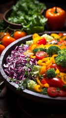 Colorful salad with broccoli, red onion, peppers and tomatoes