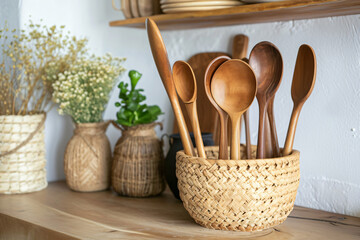 wooden spoons on a counter with a wooden basket in the  6ed2d2b7-7edd-4b1a-b52a-4554cae10339