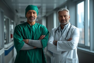 Two doctors in scrubs and a lab coat are standing in a hospital hallway.