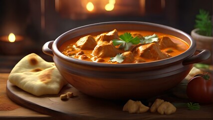 A bowl of red curry with a side of naan bread