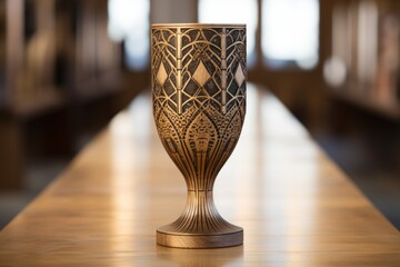 ornate wooden goblet with intricate geometric and floral carvings