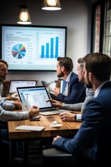 Business meeting discussing financial data and graphs on a projector screen
