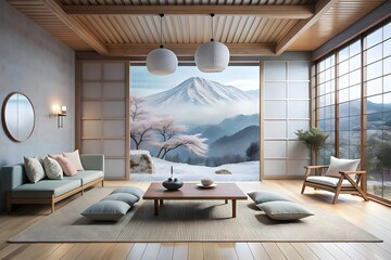 Modern Japanese Living Room Mount Fuji View Winter