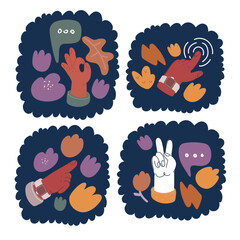 Cartoon vector illustration of Set of woman's hand of hands in different gestures emotions and signs. Ok, point to, touching, peace sign over dark background