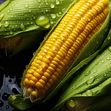 Close-up of fresh corn on the cob with water drops