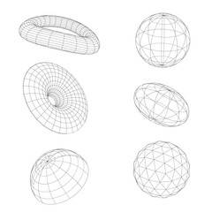 Retro futuristic 3d mesh elements set ,set of globes, Geometry wireframe shapes and grids in neon pink color. 3D hearts, abstract backgrounds, patterns, cyberpunk elements in trendy set