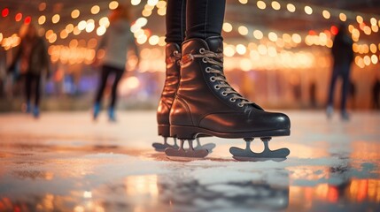 ice skating at night in the city with blurred lights in the background