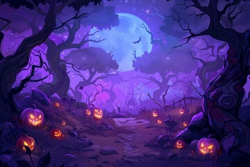 a halloween scene with pumpkins in the woods