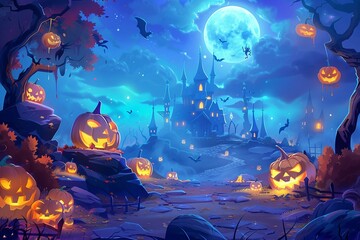 a halloween scene with pumpkins and a castle