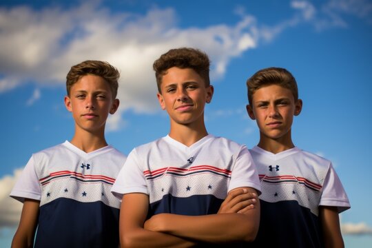 Three teenage boys in white and blue sports jerseys pose for a photo