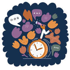 Cartoon vector illustration of woman run around alarm-clock with spy glasses over dark background