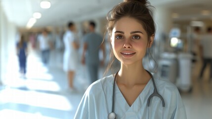 Portrait of a smiling female doctor or nurse in a hospital hallway