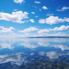 Blue sky and calm lake reflecting the clouds - obrazy, fototapety, plakaty