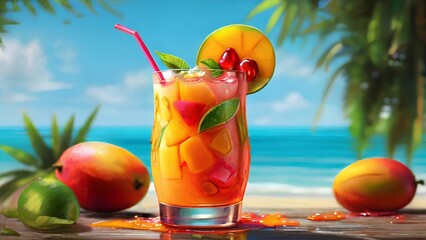 A vibrant and colorful illustration of a tropical mango tango cocktail, with juicy mangoes, tangy lime, and a splash of grenadine - obrazy, fototapety, plakaty