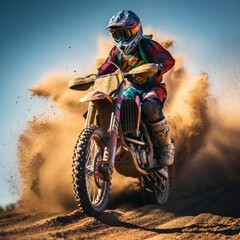 Motocross dirt bike rider in a full protective gear is racing through the sandy terrain